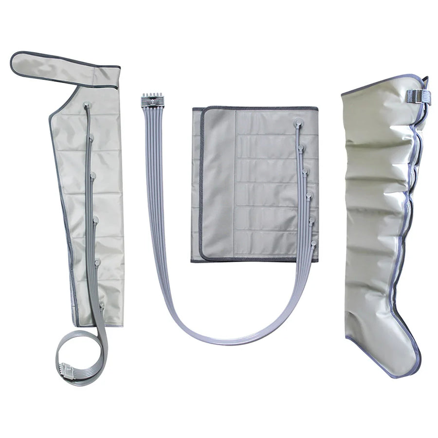 Kit de pressothérapie gris clair : botte de jambe, manchon de bras et ceinture abdominale