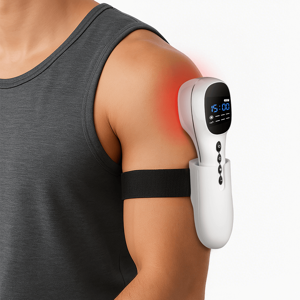 Appareil laser froid et électrostimulation TENS posé sur l'épaule