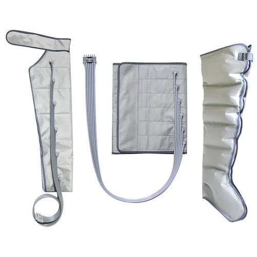 Kit de pressothérapie gris clair : botte de jambe, manchon de bras et ceinture abdominale